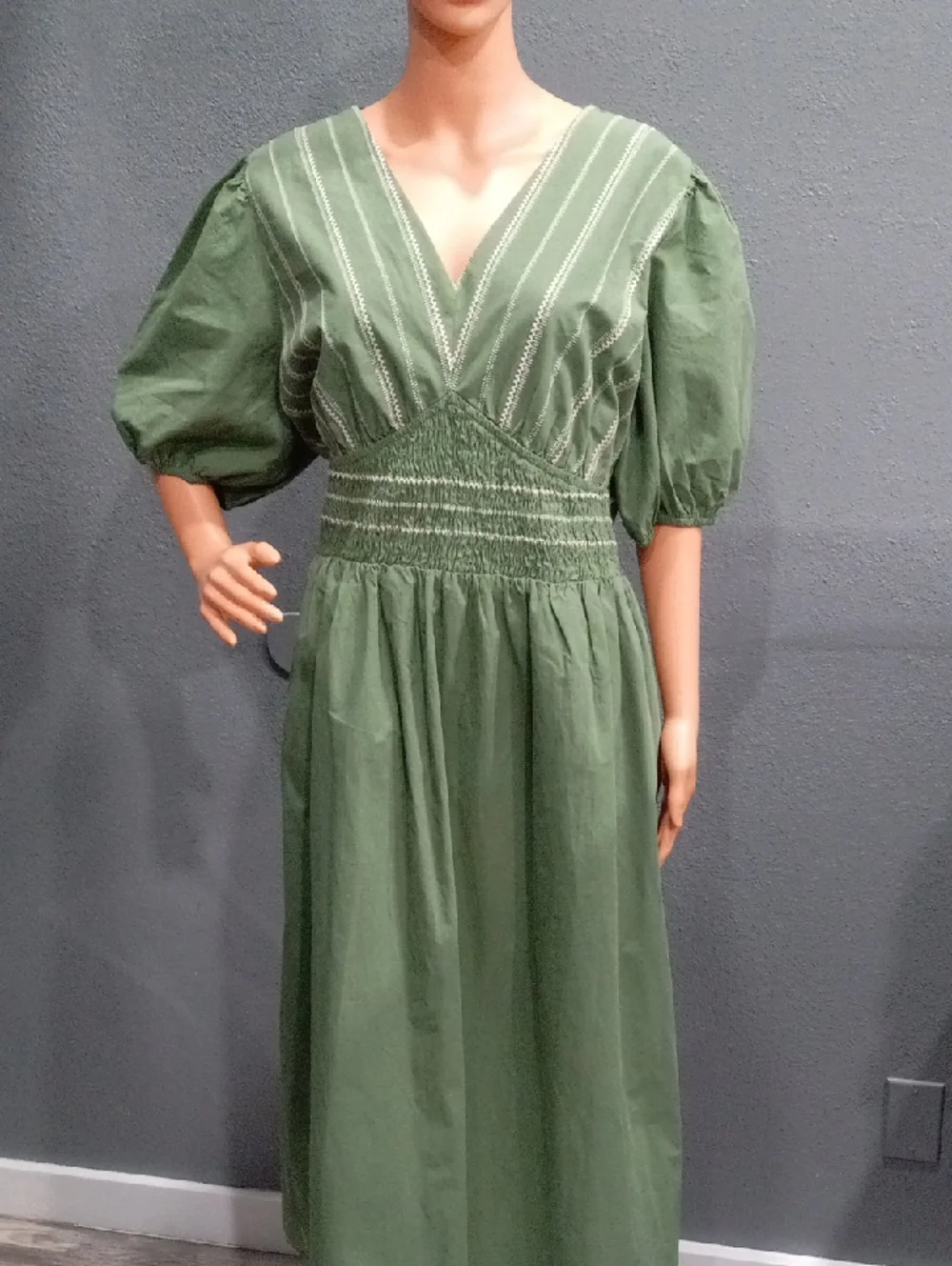 Gilli Michiko Puff Sleeve Olive V-Neck Smocked Waist Embroidered Maxi Dress - Picture 3 of 14